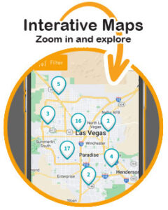 Interactive Maps of family fun las vegas with kid friendly activities including splash pads, parks, indoor playgrounds, dog parks, farms and more.