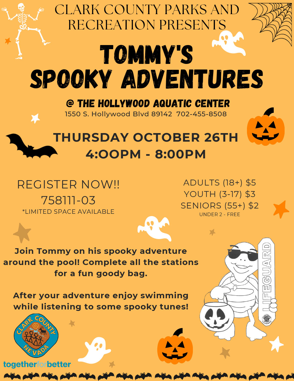 Join Tommy on his spooky adventure around the pool! Complete all the stations for a fun goody bag. After your advenure enjoy swimming while listening o some spooky tunes! Register Now! 758111-03 Limited Space Available Adults (18+): $5 Youth (3-17): $3 Seniors (55+): $2 Under 2 Free