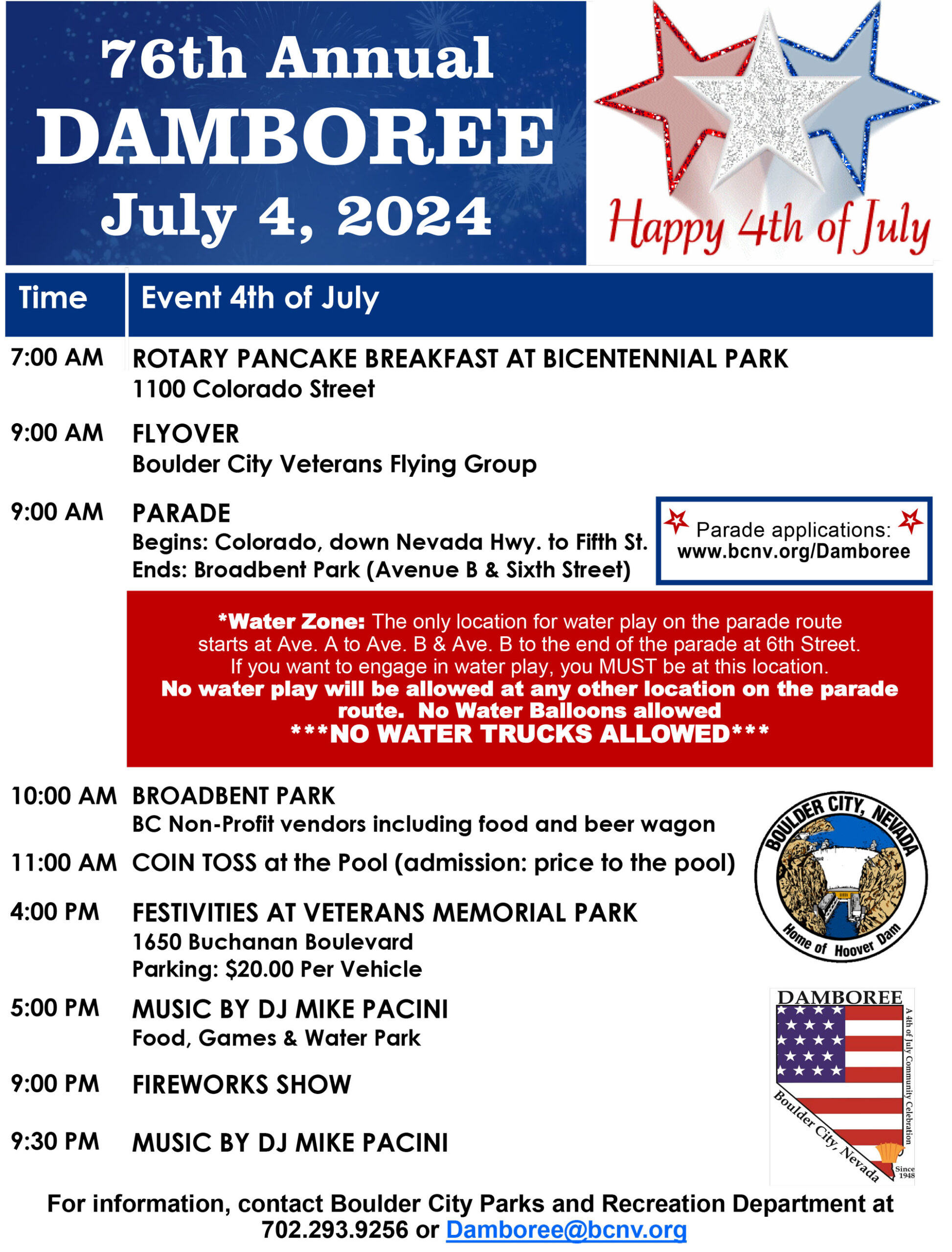 Starting with a pancake breakfast at 7 a.m., followed by a parade and an airshow. The afternoon features live music, food, games, and a splash park. The event ends with fireworks in the evening