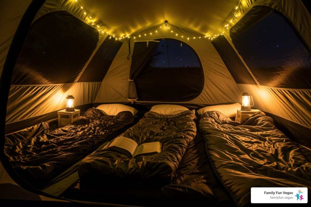 inside of tent with fairy lights - backyard camping ideas for families
