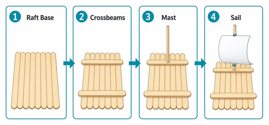 Step-by-step assembly of a floating popsicle stick raft: raft base, crossbeams, mast, and sail