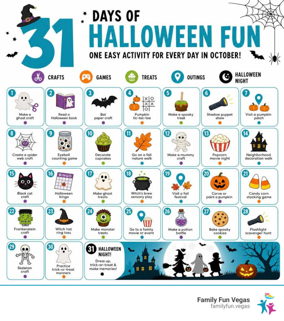 31 day Halloween activity calendar with crafts games treats outings and Halloween night infographic