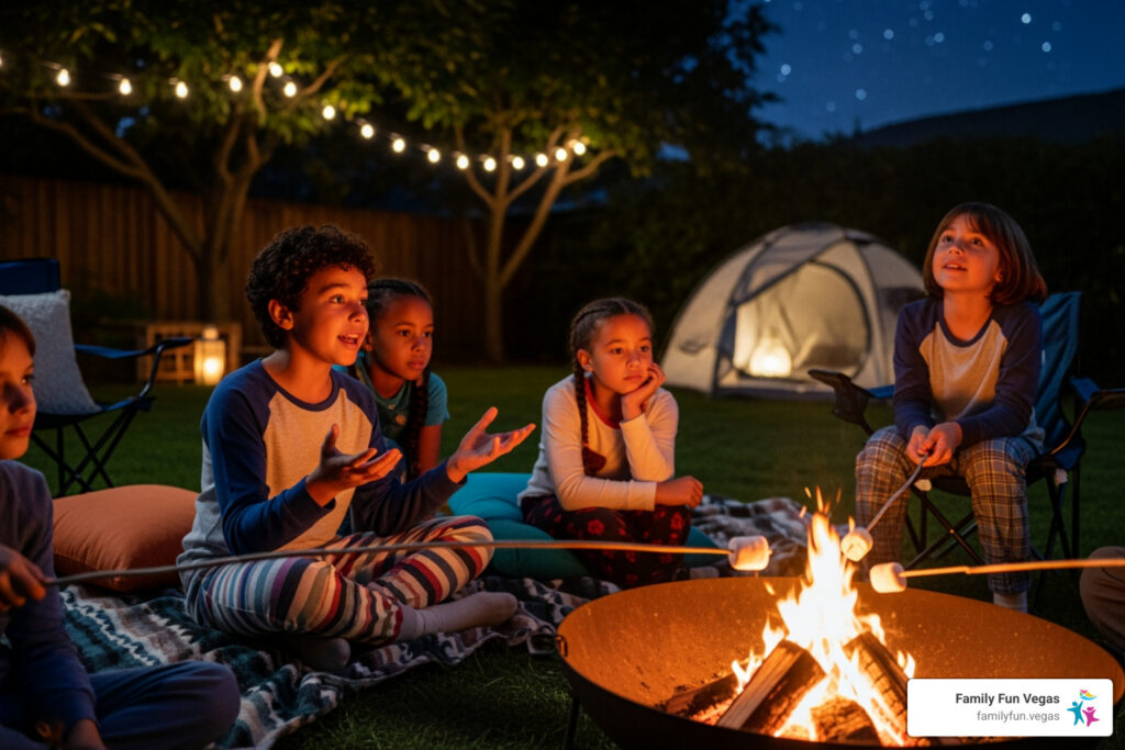 kids telling stories around fire pit - backyard camping ideas for families