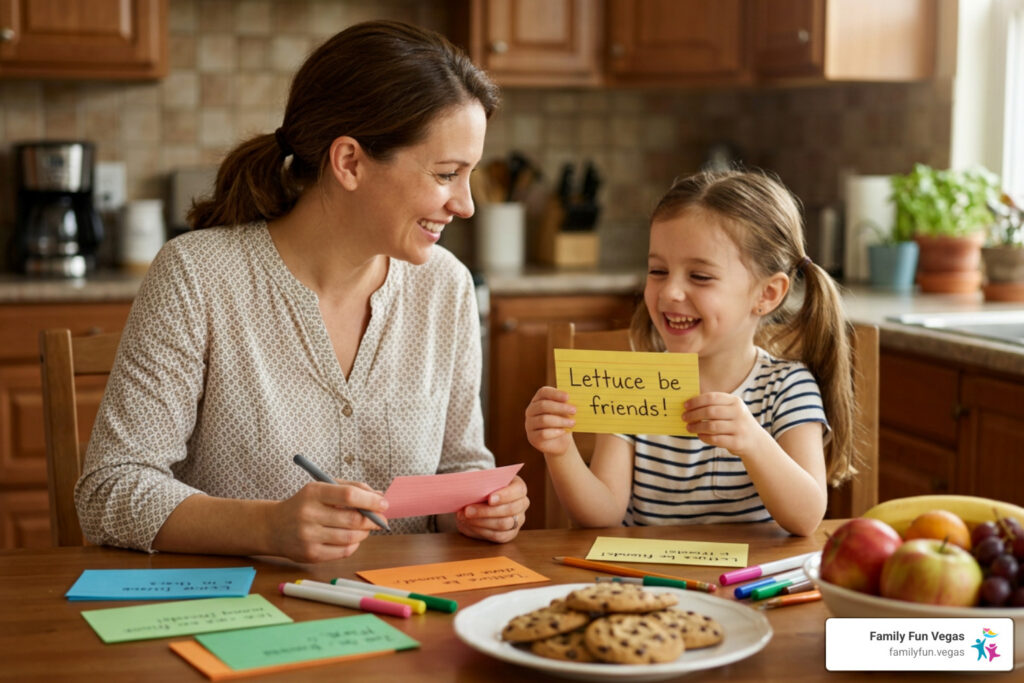 parent and child writing funny food puns on index cards