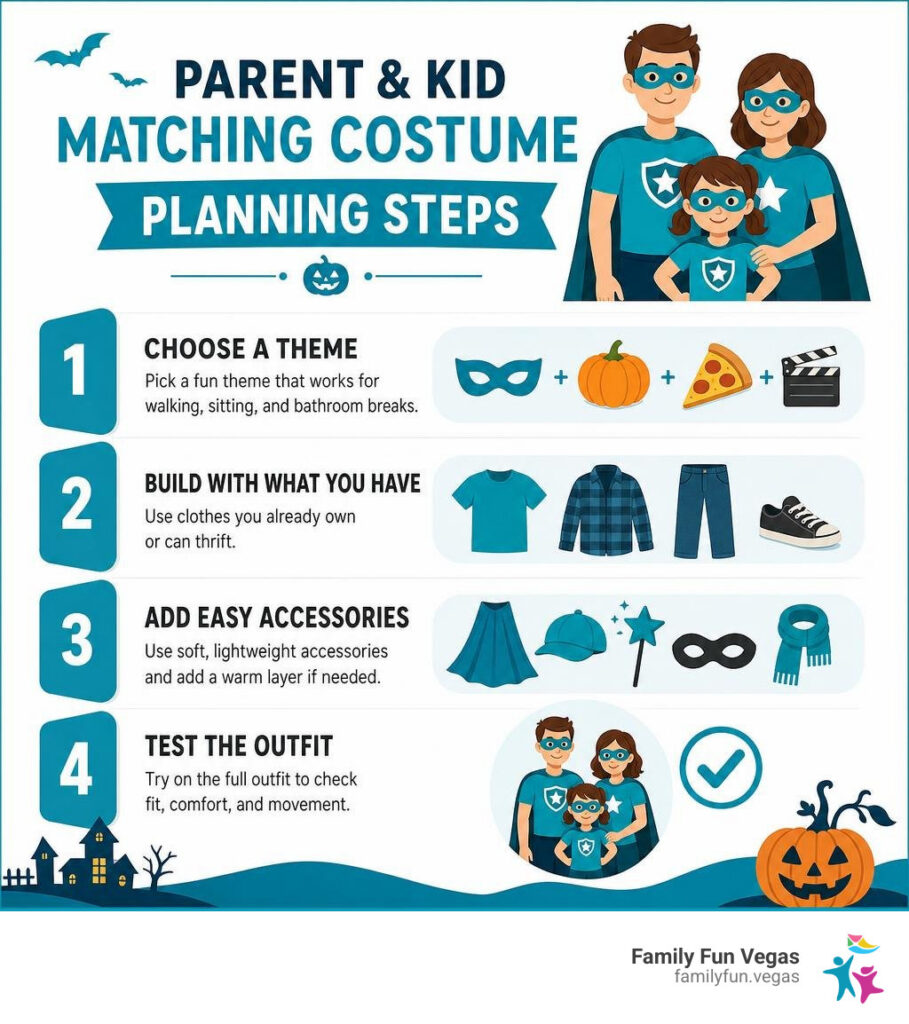 Parent and kid matching costume planning steps infographic