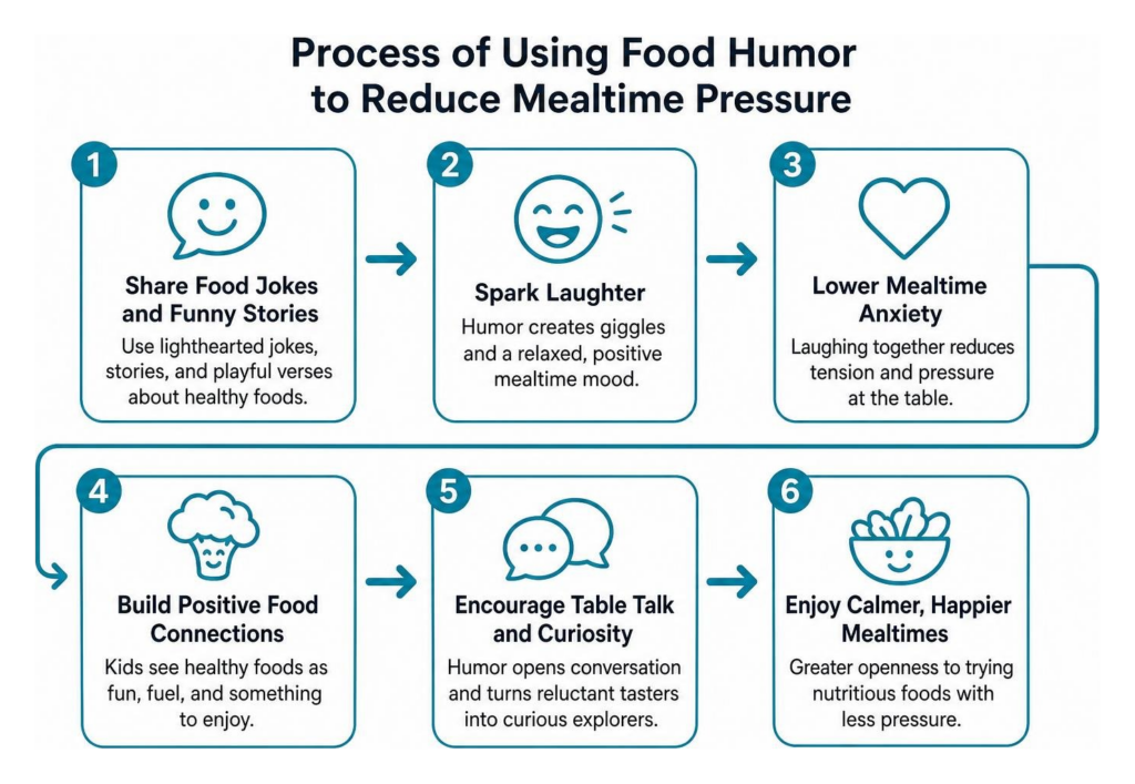 Process of using food humor to reduce mealtime pressure