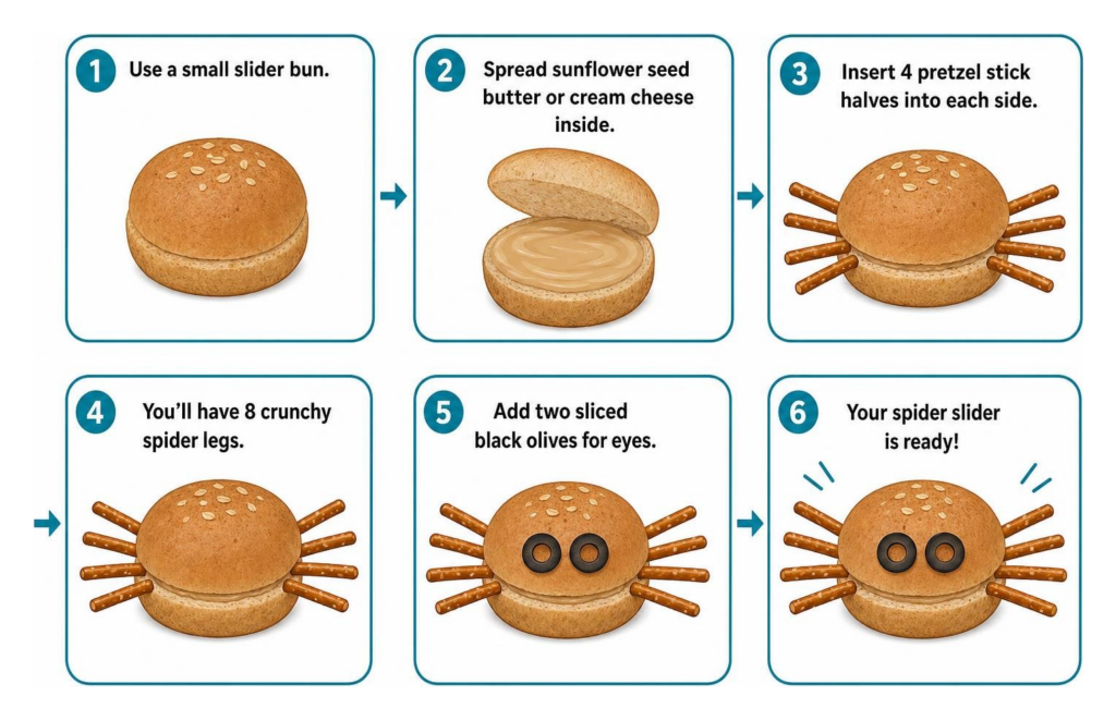 Step-by-step process of assembling a spider slider with pretzel legs and olive eyes