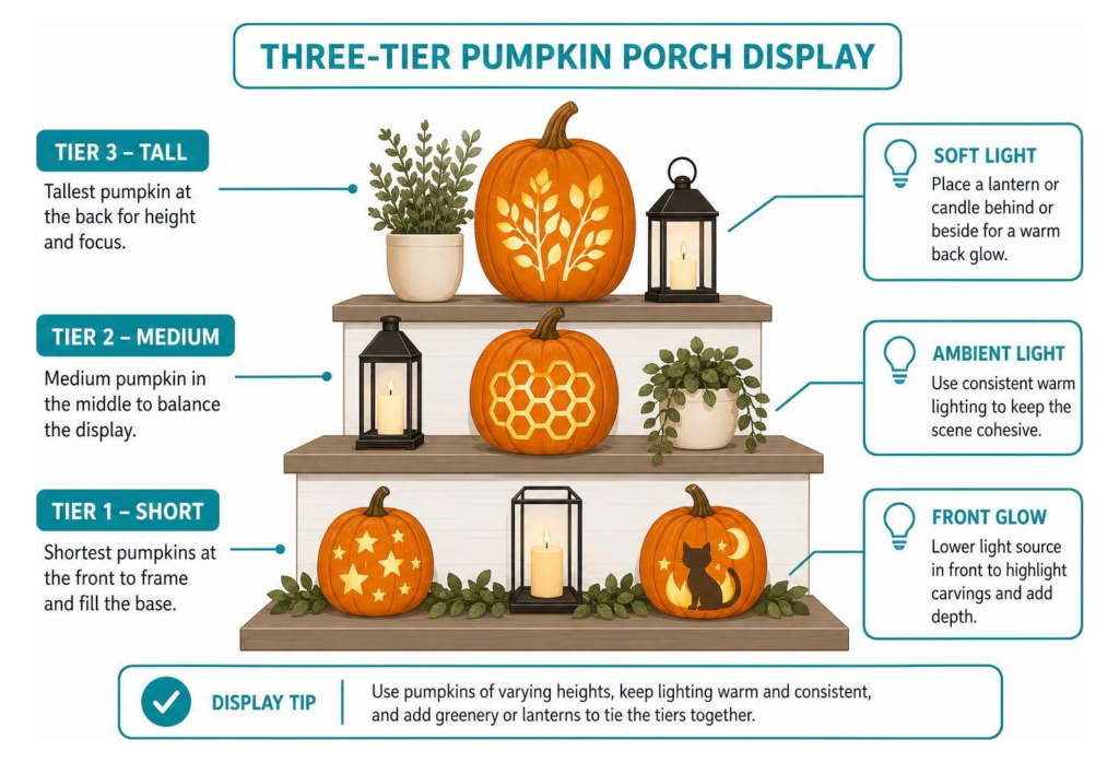 3 tier porch pumpkin display
