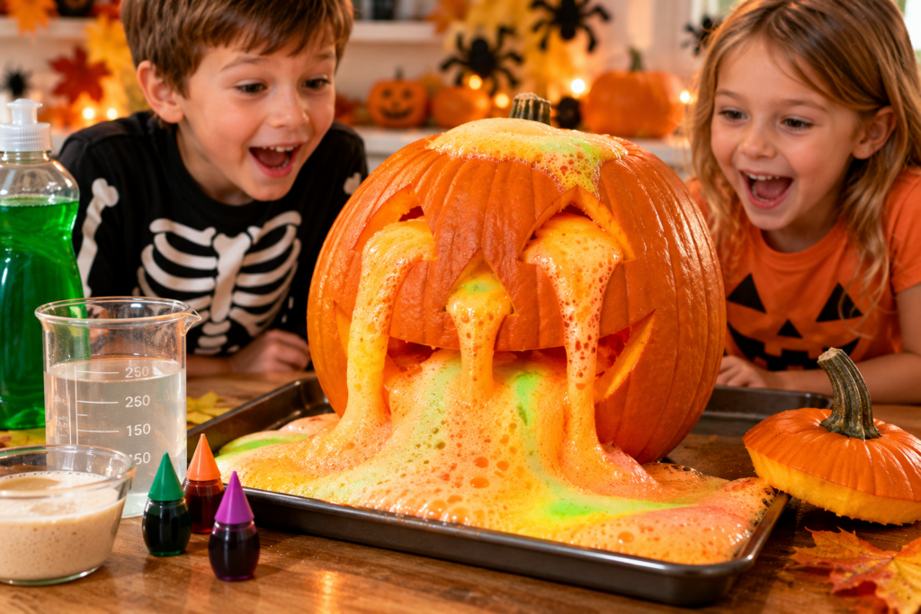 Pumpkin volcano erupting with colorful foam